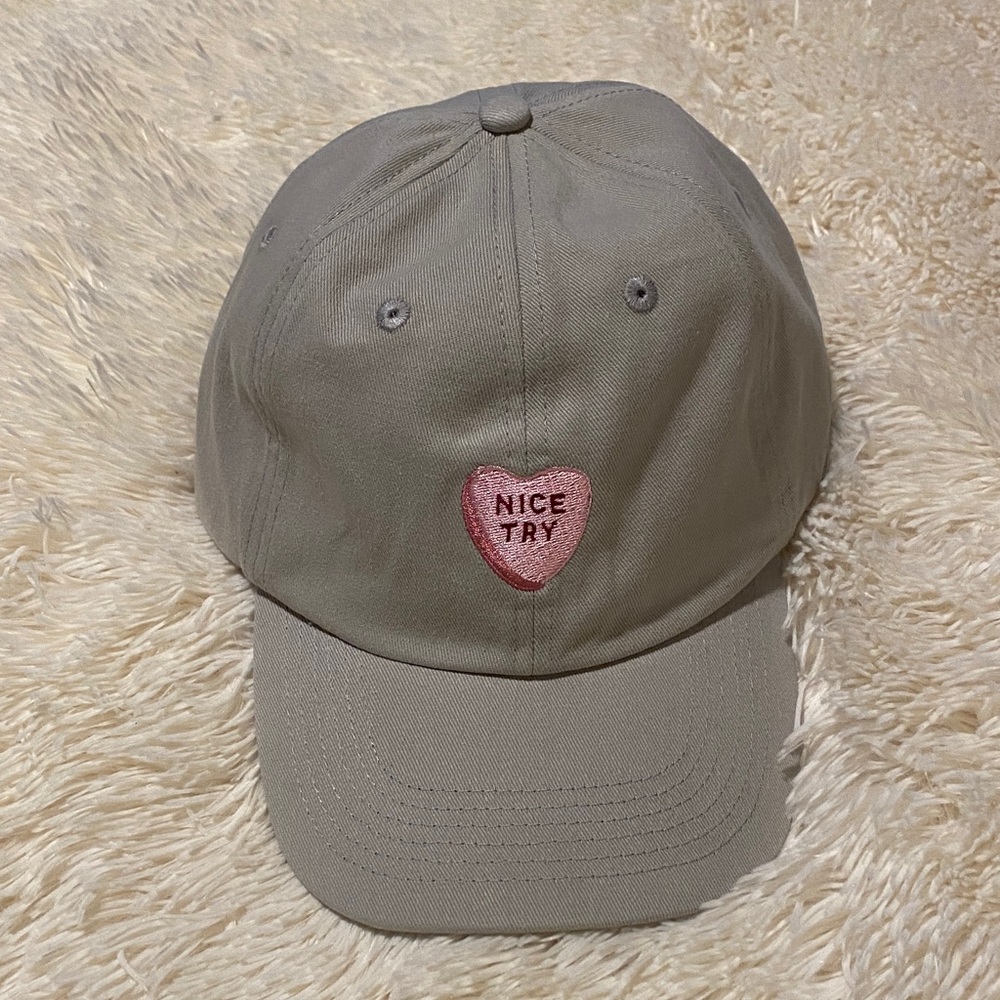 Women's light grey Cap with Pink Heart Patch “Nice Try”. NWT